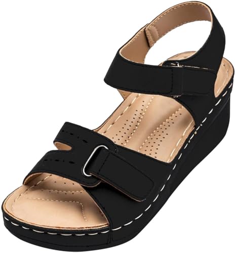 Orthopädische Sandalen für Damen, Sommer, elegant, mit verstellbarem Riemen, bequem, leicht, Kunstleder, offener Zehenbereich, Vintage, Plateau-Mode, rutschfest, Strandschuhe, Schwarz , 35 EU von DINNIWIKL