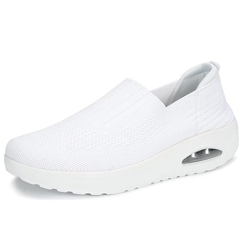 Orthopädische Turnschuhe für Damen, ohne Schnürung, atmungsaktiv, lässig, mit Kissen, rutschfeste Schuhe für Luftkissen, Slip-on Wanderschuhe, Weiß, 36 EU von DINNIWIKL