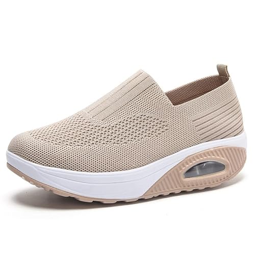 Orthopädische Turnschuhe für Damen, ohne Schnürung, atmungsaktiv, lässig, mit Kissen, rutschfeste Schuhe für Luftkissen, Slip-on Wanderschuhe, beige, 36 EU von DINNIWIKL