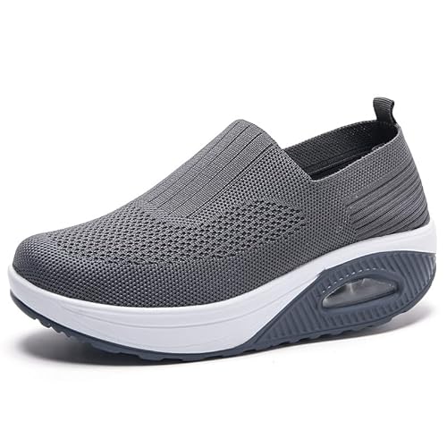 Orthopädische Turnschuhe für Damen, ohne Schnürung, atmungsaktiv, lässig, mit Kissen, rutschfeste Schuhe für Luftkissen, Slip-on Wanderschuhe, dunkelgrau, 38 EU von DINNIWIKL