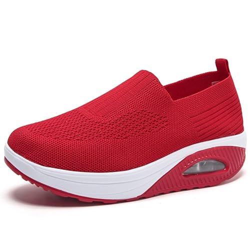 Orthopädische Turnschuhe für Damen, ohne Schnürung, atmungsaktiv, lässig, mit Kissen, rutschfeste Schuhe für Luftkissen, Slip-on Wanderschuhe, rot, 37 EU von DINNIWIKL