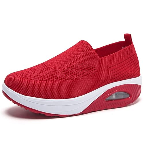 Orthopädische Turnschuhe für Damen, ohne Schnürung, atmungsaktiv, lässig, mit Kissen, rutschfeste Schuhe für Luftkissen, Slip-on Wanderschuhe, rot, 39 EU von DINNIWIKL