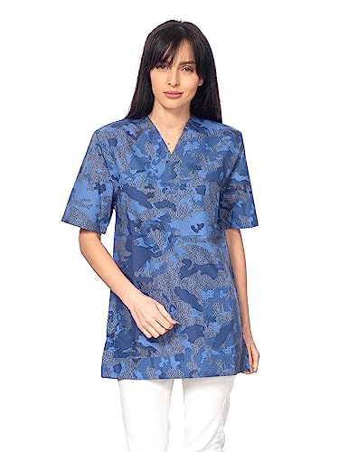 DINOZAVR Bruna Kasacks Damen Pflege V-Ausschnitt Kurzarm - Kasack Damen Bunter Druck mit 2 Unteren und 1 Oberen Tasche - Kasaks Altenpflege Alphabet 3XL von DINOZAVR