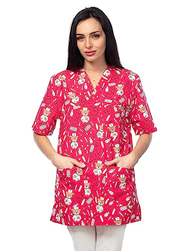 DINOZAVR Bruna Kasacks Damen Pflege V-Ausschnitt Kurzarm - Kasack Damen Bunter Druck mit 2 Unteren und 1 Oberen Tasche - Kasaks Altenpflege Bären/Rot XL von DINOZAVR