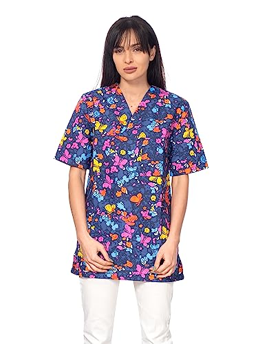 DINOZAVR Bruna Kasacks Damen Pflege V-Ausschnitt Kurzarm - Kasack Damen Bunter Druck mit 2 Unteren und 1 Oberen Tasche - Kasaks Altenpflege blau/Schmetterlinge 2XL von DINOZAVR