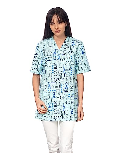 DINOZAVR Bruna Kasacks Damen Pflege V-Ausschnitt Kurzarm - Kasack Damen Bunter Druck mit 2 Unteren und 1 Oberen Tasche - Kasaks Altenpflege Liebe L von DINOZAVR
