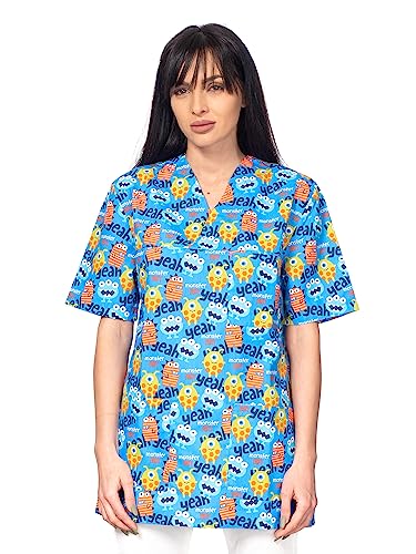 DINOZAVR Bruna Kasacks Damen Pflege V-Ausschnitt Kurzarm - Kasack Damen Bunter Druck mit 2 Unteren und 1 Oberen Tasche - Kasaks Altenpflege Monster M von DINOZAVR