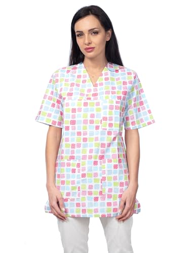 DINOZAVR Bruna Kasacks Damen Pflege V-Ausschnitt Kurzarm - Kasack Damen Bunter Druck mit 2 Unteren und 1 Oberen Tasche - Kasaks Altenpflege Süßigkeiten M von DINOZAVR