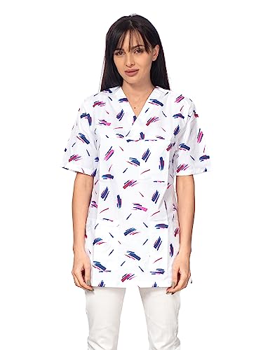 DINOZAVR Bruna Kasacks Damen Pflege V-Ausschnitt Kurzarm - Kasack Damen Bunter Druck mit 2 Unteren und 1 Oberen Tasche - Kasaks Altenpflege weiß/Muster L von DINOZAVR