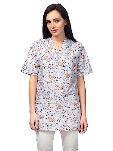 DINOZAVR Bruna Kasacks Damen Pflege V-Ausschnitt Kurzarm - Kasack Damen Bunter Druck mit 2 Unteren und 1 Oberen Tasche - Kasaks Altenpflege Bären/Grau XS von DINOZAVR