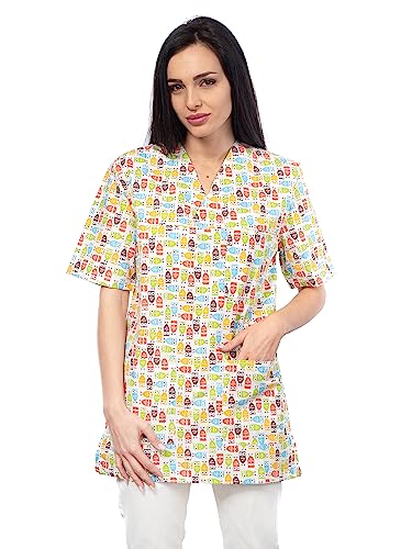 DINOZAVR Bruna Kasacks Damen Pflege V-Ausschnitt Kurzarm - Kasack Damen Bunter Druck mit 2 Unteren und 1 Oberen Tasche - Kasaks Altenpflege Eulen 3XL von DINOZAVR