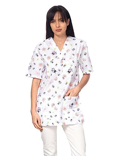 DINOZAVR Bruna Kasacks Damen Pflege V-Ausschnitt Kurzarm - Kasack Damen Bunter Druck mit 2 Unteren und 1 Oberen Tasche - Kasaks Altenpflege Marienkäfer/lila M von DINOZAVR