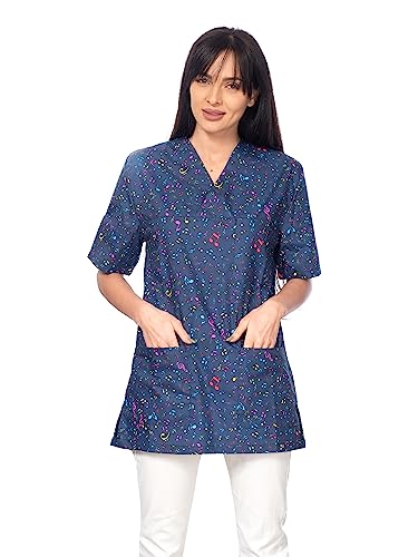 DINOZAVR Bruna Kasacks Damen Pflege V-Ausschnitt Kurzarm - Kasack Damen Bunter Druck mit 2 Unteren und 1 Oberen Tasche - Kasaks Altenpflege Musiknoten L von DINOZAVR