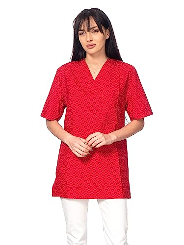 DINOZAVR Bruna Kasacks Damen Pflege V-Ausschnitt Kurzarm - Kasack Damen Bunter Druck mit 2 Unteren und 1 Oberen Tasche - Kasaks Altenpflege Rote Herzen L von DINOZAVR