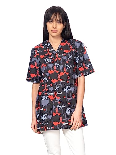 DINOZAVR Bruna Kasacks Damen Pflege V-Ausschnitt Kurzarm - Kasack Damen Bunter Druck mit 2 Unteren und 1 Oberen Tasche - Kasaks Altenpflege Schwarz/Herzen L von DINOZAVR