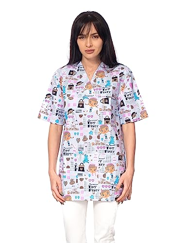 DINOZAVR Bruna Kasacks Damen Pflege V-Ausschnitt Kurzarm - Kasack Damen Bunter Druck mit 2 Unteren und 1 Oberen Tasche - Kasaks Altenpflege Spielzeuge 2XL von DINOZAVR