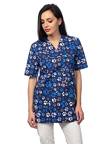 DINOZAVR Bruna Kasacks Damen Pflege V-Ausschnitt Kurzarm - Kasack Damen Bunter Druck mit 2 Unteren und 1 Oberen Tasche - Kasaks Altenpflege blau/Pfoten 2XL von DINOZAVR
