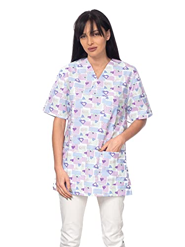 DINOZAVR Bruna Kasacks Damen Pflege V-Ausschnitt Kurzarm - Kasack Damen Bunter Druck mit 2 Unteren und 1 Oberen Tasche - Kasaks Altenpflege lila Herzen 2XL von DINOZAVR