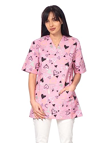 DINOZAVR Bruna Kasacks Damen Pflege V-Ausschnitt Kurzarm - Kasack Damen Bunter Druck mit 2 Unteren und 1 Oberen Tasche - Kasaks Altenpflege rosa/Herzen 3XL von DINOZAVR