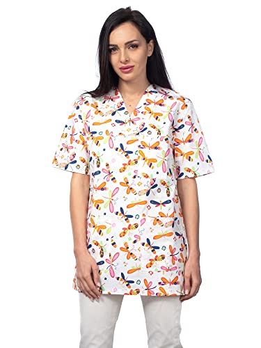DINOZAVR Bruna Kasacks Damen Pflege V-Ausschnitt Kurzarm - Kasack Damen Bunter Druck mit 2 Unteren und 1 Oberen Tasche - Kasaks Altenpflege weiß/Libellen S von DINOZAVR