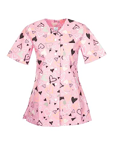 DINOZAVR Carla Schlupfkasack Damen Medizinische Uniformen Kasacks Pflege Bunt V-Ausschnitt Schlupfjacke mit Druckknöpfe Motiv Kurzarm rosa/Herzen 2XL von DINOZAVR