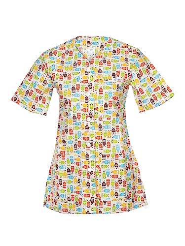 DINOZAVR Carla Kasacks Damen Pflege - Kasack Damen Mit Bunter Druck, Kurzarm, V-Ausschnitt, 2 Untere Und 1 Obere Tasche, Knopfverschluss - Kasaks Altenpflege Eulen 3XL von DINOZAVR
