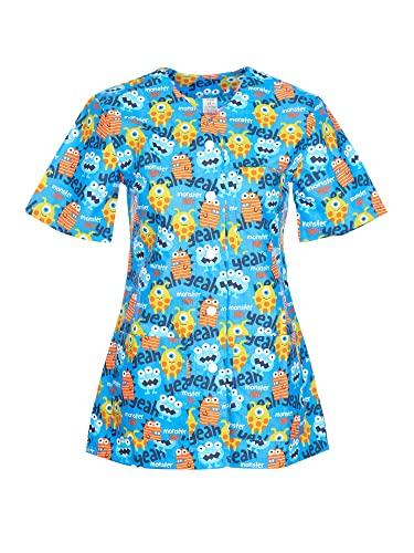 Carla Kasacks Damen Pflege - Kasack Damen Mit Bunter Druck, Kurzarm, V-Ausschnitt, 2 Untere Und 1 Obere Tasche, Knopfverschluss - Kasaks Altenpflege Monster 2XL von DINOZAVR
