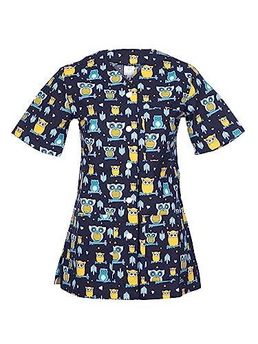 DINOZAVR Carla Kasacks Damen Pflege - Kasack Damen Mit Bunter Druck, Kurzarm, V-Ausschnitt, 2 Untere Und 1 Obere Tasche, Knopfverschluss - Kasaks Altenpflege blau/Eulen 2XL von DINOZAVR