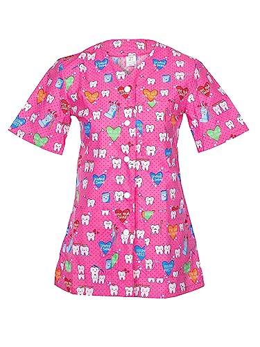 DINOZAVR Carla Schlupfkasack Damen Medizinische Uniformen Kasacks Pflege Bunt V-Ausschnitt Schlupfjacke mit Druckknöpfe Motiv Kurzarm rosa/Zähne L von DINOZAVR