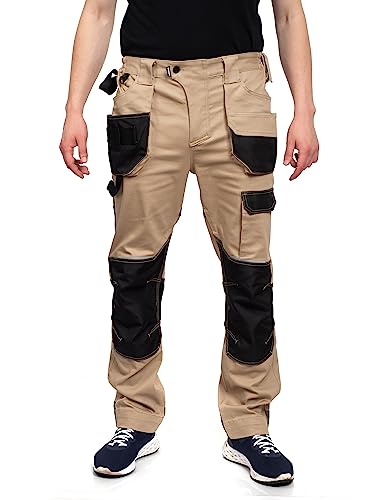 DINOZAVR Flex Arbeitshosen Männer Stretch - Cargohose Herren Mit Gürtelschlaufen, Elastischem Bund, Reißverschluss, 2 Gesäßtaschen, Knieverstärkung, Cargotasche, Oxford 600D Khaki EU48 von DINOZAVR