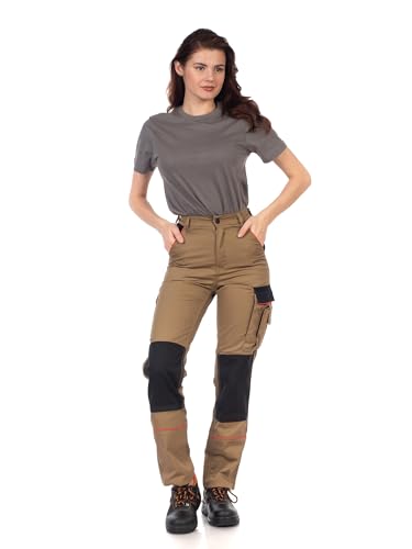 DINOZAVR Arbeitshose Damen Schmale Passform Cargohose Damen mit Elastischem Bund, 2 Vordertaschen, Cargotasche, 2 Gesäßtaschen, Werkzeugtasche, Knieverstärkung, Cordura-Verstärkungen Khaki 50 von DINOZAVR