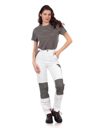 DINOZAVR Arbeitshose Damen Schmale Passform Cargohose Damen mit Elastischem Bund, 2 Vordertaschen, Cargotasche, 2 Gesäßtaschen, Werkzeugtasche, Knieverstärkung, Cordura-Verstärkungen Weiß 44 von DINOZAVR