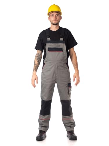 DINOZAVR Fortum Arbeitshosen Männer Latzhose Herren Arbeitshose - Arbeitslatzhose Herren mit Elastischem Bund, Cordura-Verstärkungen, Vordertaschen, Brusttaschen, Cargotasche, Werkzeugtasche Grau 52 von DINOZAVR
