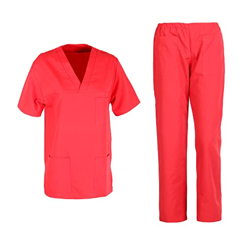 DINOZAVR M3 Unisex-Schrubb-Set Medizinische Uniform Herren Damen Kasacks Arbeitshose Pflege Schlupfkasack Kurzarm Oberteil mit Hose medizinisches Rot XL von DINOZAVR