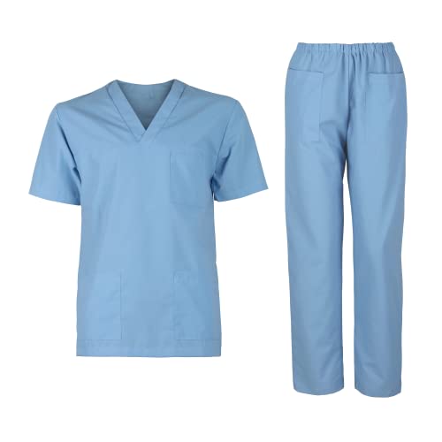 DINOZAVR M3 Unisex-Schrubb-Set Medizinische Uniform Herren Damen Kasacks Arbeitshose Pflege Schlupfkasack Kurzarm Oberteil mit Hose medizinisches Hellblau XL von DINOZAVR