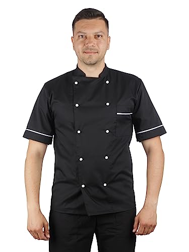 DINOZAVR Napoli Kochjacke Herren Und Damen Unisex - Kurzarm Mit Brusttasche Und Knopfverschluss, Perfekt Für Profis In Der Küche, Stilvoll Und Funktional, Ideal Als Arbeitskleidung Schwarz 2XL von DINOZAVR