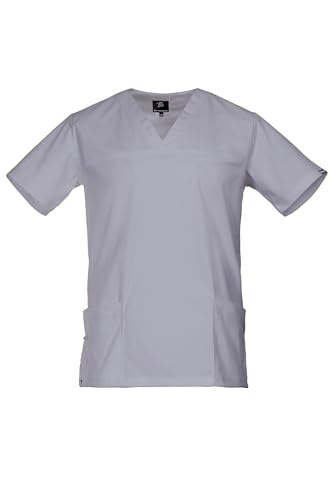 DINOZAVR Victor Scrubs Kasack Herren - Elasthan Stretch Kurzarm mit V-Ausschnitt, Seitenschlitze, Zwei Untere Taschen, Kleine Tasche mit Ausweisschlaufe, Brusttasche Grau 3XL von DINOZAVR