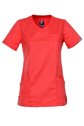 DINOZAVR Victoria Kasacks Damen Pflege Kurzarm Tunika Mit V-Ausschnitt Seitenschlitzen - Kasack Damen Stretchmaterial Mit Elasthan - Kasaks Altenpflege Mit Taschen Koralle 3XL von DINOZAVR