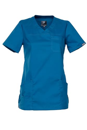 DINOZAVR Victoria Kasacks Damen Pflege Kurzarm Tunika Mit V-Ausschnitt Seitenschlitzen - Kasack Damen Stretchmaterial Mit Elasthan - Kasaks Altenpflege Mit Taschen Petrolblau XS von DINOZAVR