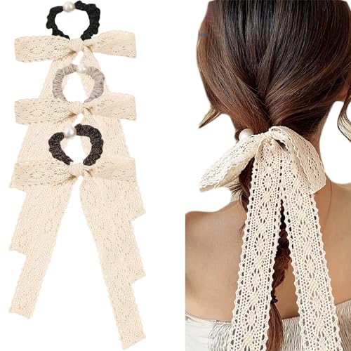 3 x beigefarbene Spitzen-Haarschals mit Schleife, Haargummis für Damen und Mädchen, Perlenschleife für Haare, Haargummis mit Schleife, Chiffon-Haarband, lange Haarbänder, Krawatten, 3 x beigefarbene Spitzen-Haarschals mit Schleife, Haargummis für Damen und Mädchen, Perlenschleife für Haare, Haargummis mit Schleife, Chiffon-Haarband, lange Haarbänder, Krawatten, von DINPREY