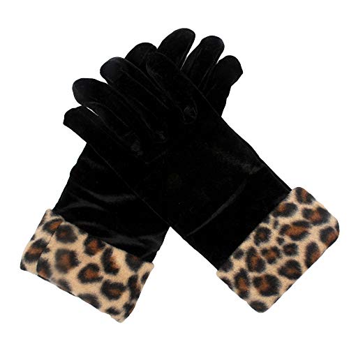 DINPREY Damen Handschuhe mit Leopardenmuster, Stretch, Fleece, Leopardenmuster, Kunstfellbesatz, Touchscreen Handschuhe für Text- und Touchscreens - Schwarz - Einheitsgröße von DINPREY