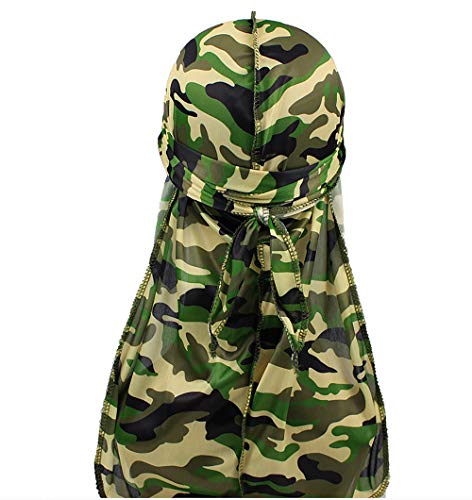 DINPREY Verschiedene Paisley Bandana Doo Tuch Cap Headwraps Herren Damen Seide Durag mit langem Schwanz und breiten Trägern für 360 Wellen, Camouflage Army, 59 EU von DINPREY