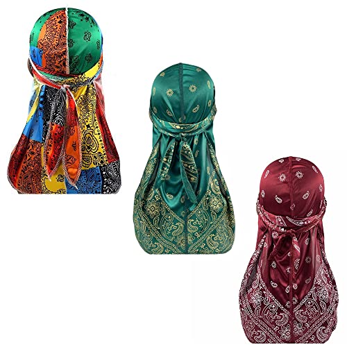 Verschiedene Paisley Bandana Doo Tuch Cap Headwraps Herren Damen Seide Durag mit langem Schwanz und breiten Trägern für 360 Wellen, Weinrot, Grün, mehrfarbig, 59 EU von DINPREY