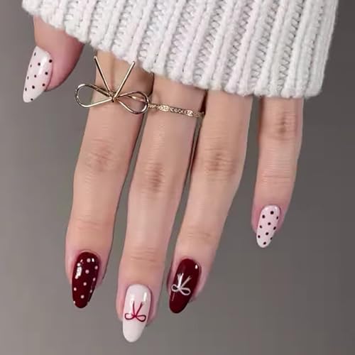 24 Stück Press On Nails Mandel Falsche Nägel Vollständige Abdeckungen Acryl Künstliche Nägel Mit Schleifen Designs Nagelkunst Für Frauen von DINSOAVR