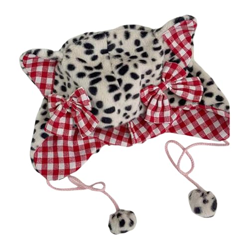 DINSOAVR Mütze, pelzig, weiche Ohren, Leopardenhut, Schleife, Kopfbedeckung für Damen, Winter, Radfahren, Klettern, Skifahren, pelziger Leopardenhut, dickes Futter von DINSOAVR