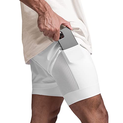 DIOTSR Herren 2-in-1 Laufshorts für Herren, leichte Trainingsshorts, schnelltrocknend, mit Handytasche, Weiß, Mittel von DIOTSR