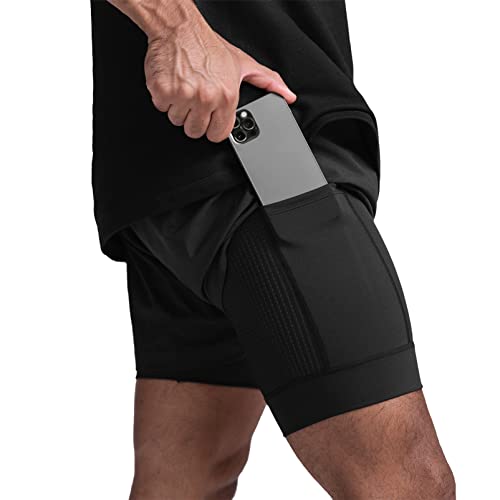 DIOTSR Herren 2-in-1 Laufshorts für Herren, leichte Trainingsshorts, schnelltrocknend, mit Handytasche, schwarz, Mittel von DIOTSR