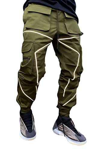 DIOTSR Herren Cargohose Techwear Hip Hop Haremshose Jogginghose mit Taschen Streetwear Punk Jogging, Grün (Army Green), X-Klein von DIOTSR