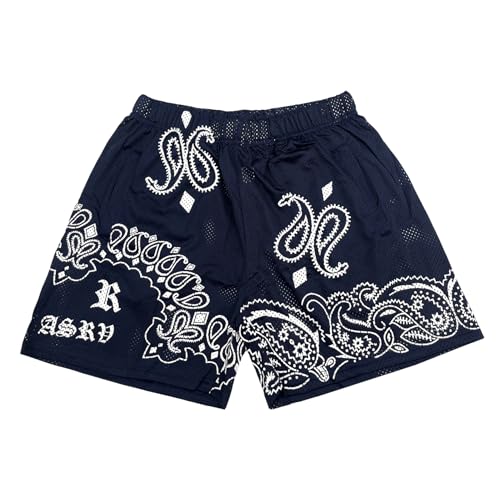 DIOTSR Herren Mesh Paisley Shorts Casual Retro Grafik Shorts Streetwear Athletic Basketball Shorts, Marineblau, Klein von DIOTSR