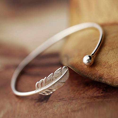 DIPISO Armband, Frauen 925 Sterling Silber Armband Boho Feder Verstellbarer offener Armreif Exquisite Damen Armband Vintage Sterling Silber Schmuck Geschenke for ihre Frau Freundin Mu von DIPISO